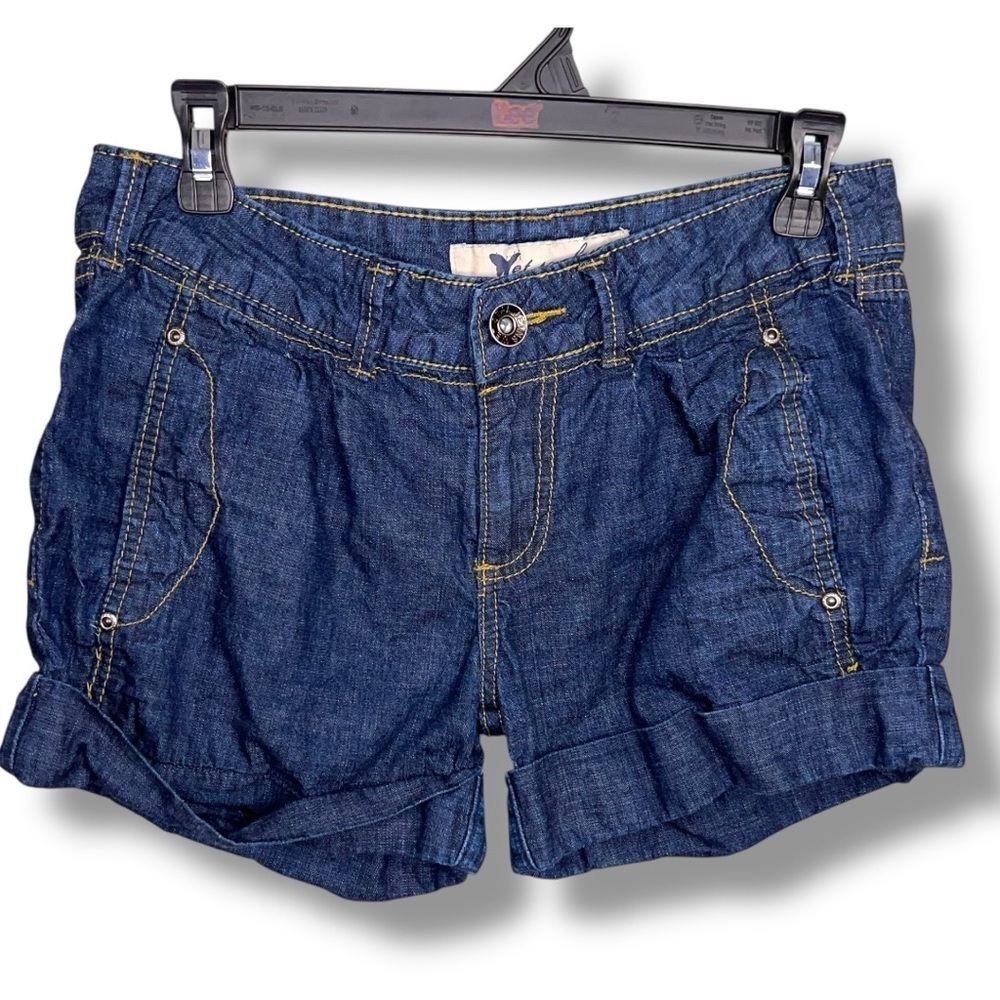 Size 7 Y2K Era Wet Seal Shorts Dark Blue Denim Cuffed Shirts Cotton Pockets